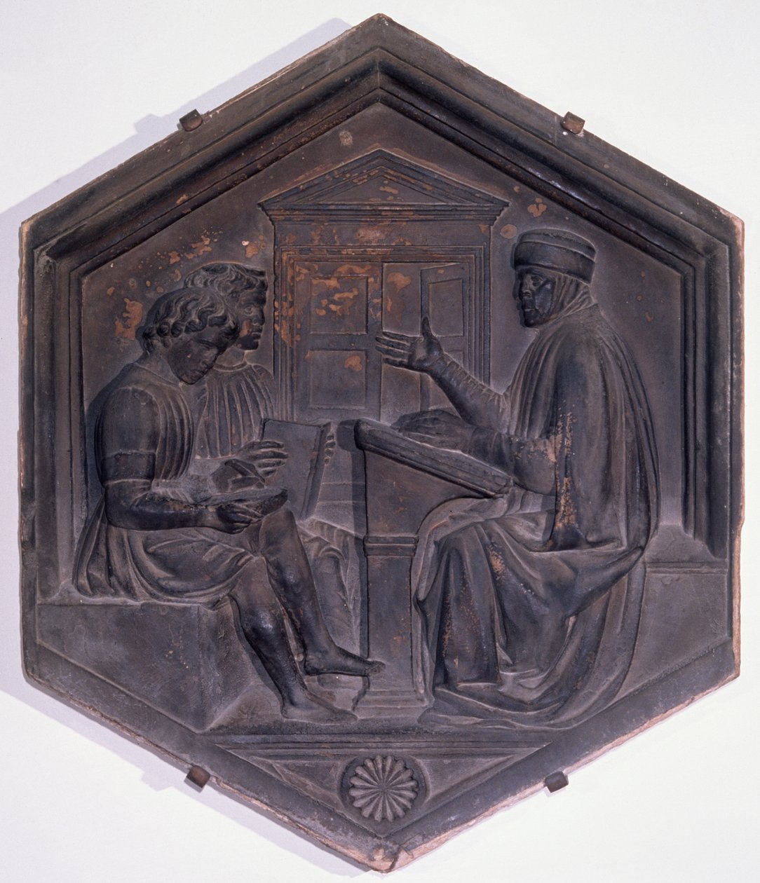 Grammar, Hexagonal Decorative Tile from a Series Depicting the Seven Liberal Arts, Possibly Based on Designs by Giotto, c.1334-48 by Andrea Pisano