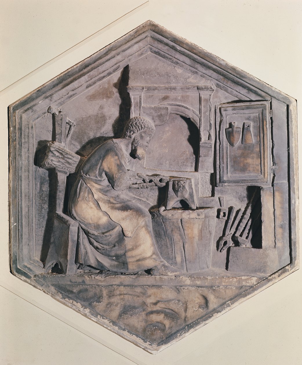 The Art of Forging, Hexagonal Decorative Relief Panels from a Series Depicting the Practitioners of the Arts and Sciences by Andrea Pisano