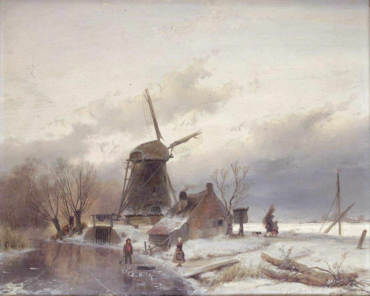 A Frozen River Landscape with a Windmill by Andreas Schelfhout