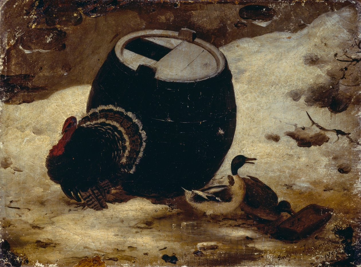 Animals and a barrel in the snow by Angelo Inganni