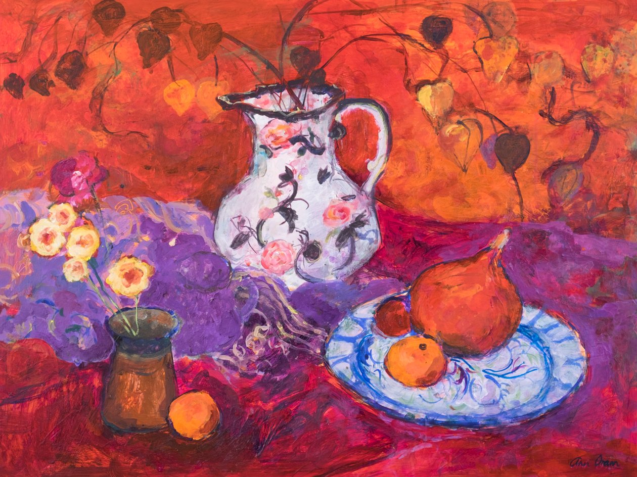 Red Still Life with Chinese Lantern by Ann Oram