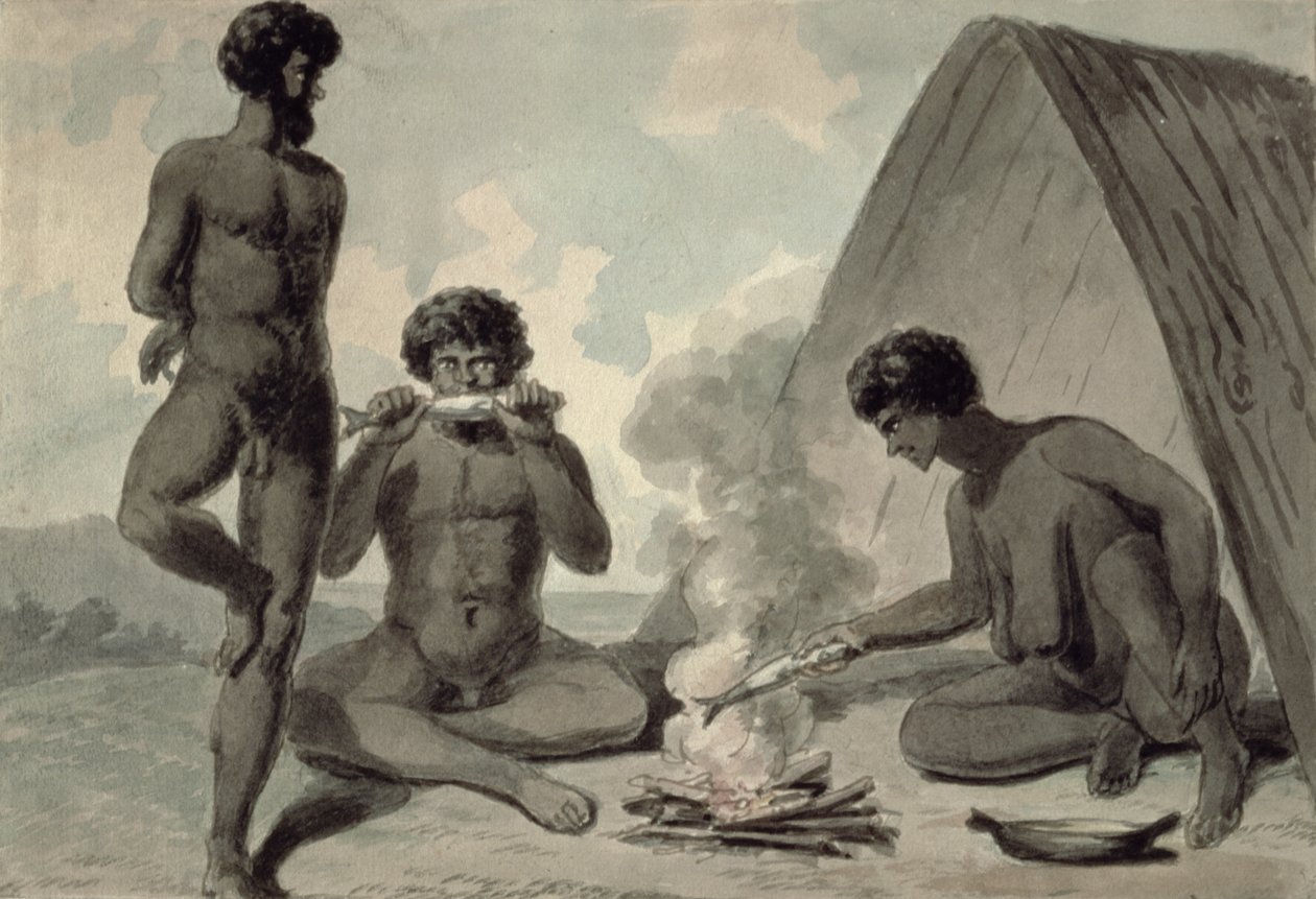 Aborigines Eating Fish in Front of a Campfire by Unbekannt Unbekannt