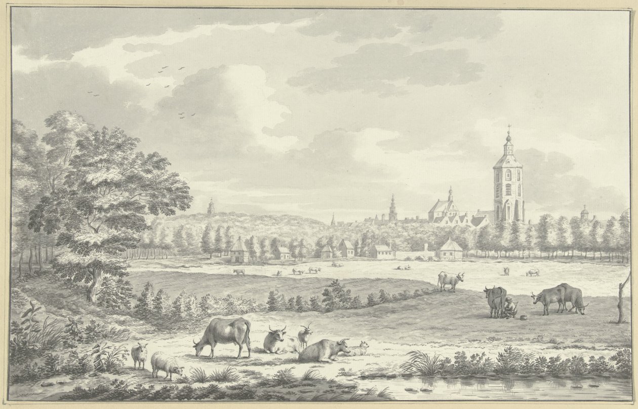 View Over Meadows to a City by Anonymous