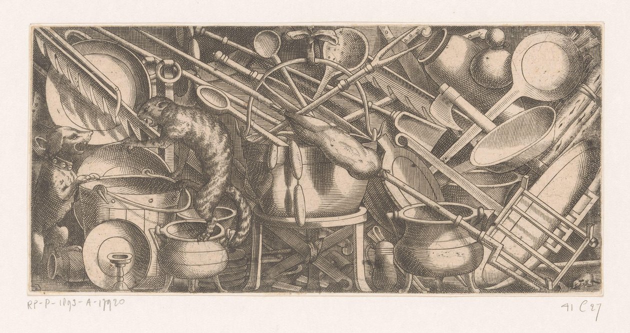 Kitchen Scene with Fighting Cat and Dog by Anonymous