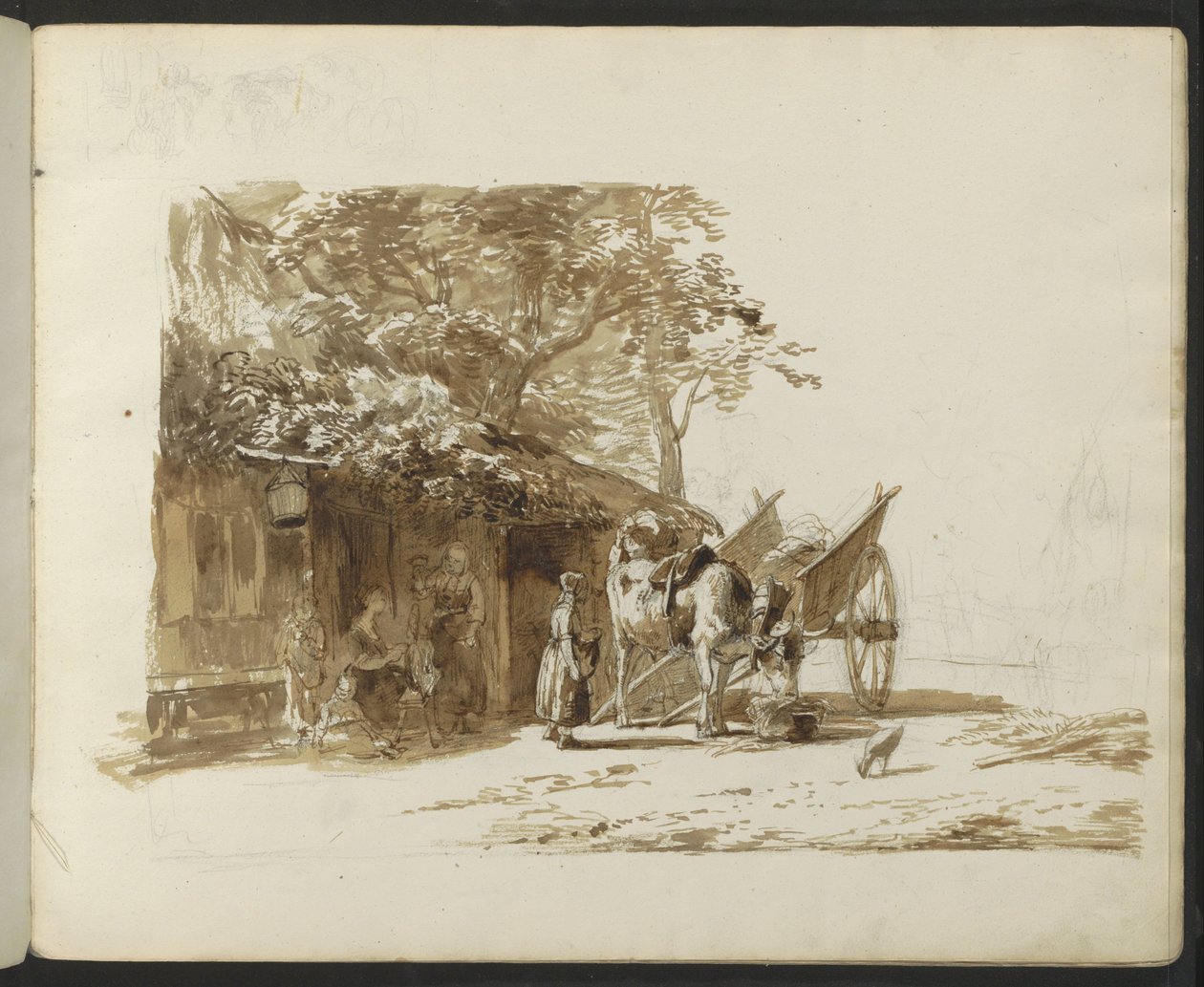 Ox Cart and Figures on a Village Street by Anonymous