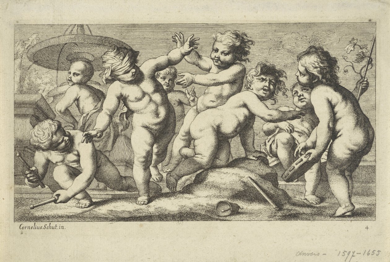 Playing Putti by a Fountain (series title: Playing Putti) by Anonymous