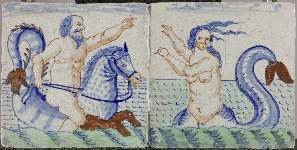 Tile with Man on Seahorse by Anonymous