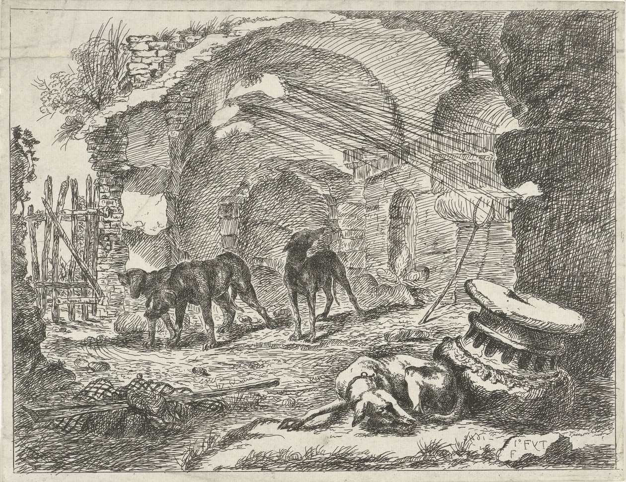 Four Dogs by a Ruin Dogs (series title) by Anonymous