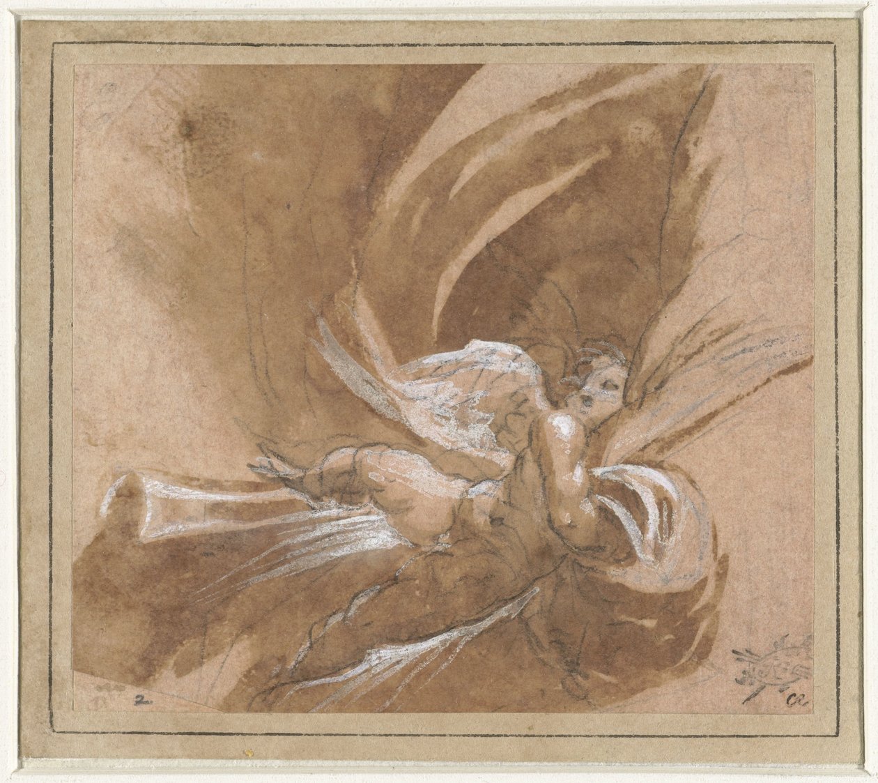 Floating Putto Lifting a Curtain by Anonymous