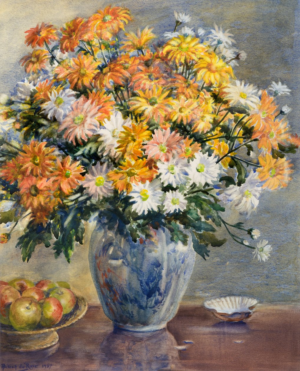 Chrysanthemums in a Blue and White Vase by Anthea Durose