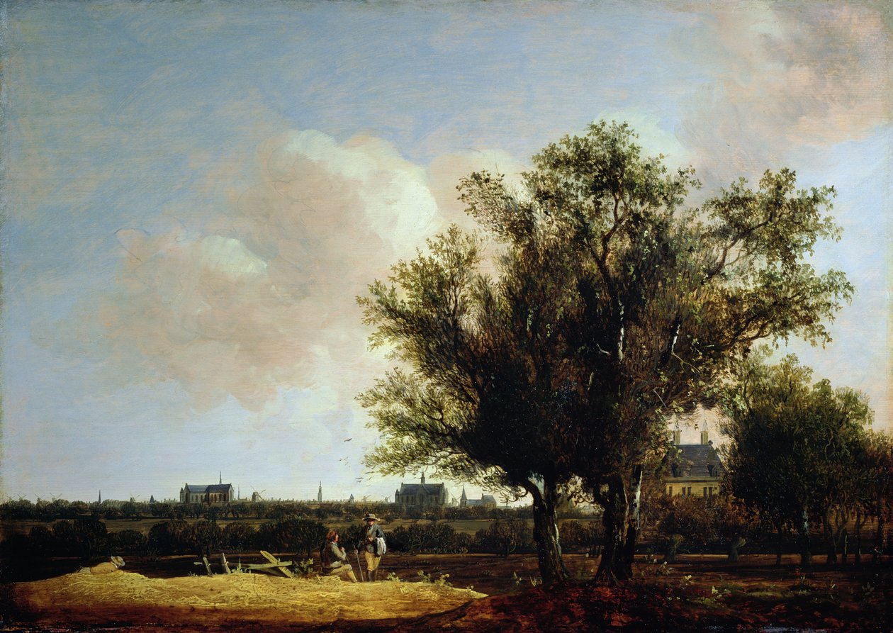 A View of Leiden with figures resting in the foreground by Anthony Jansz van der Croos