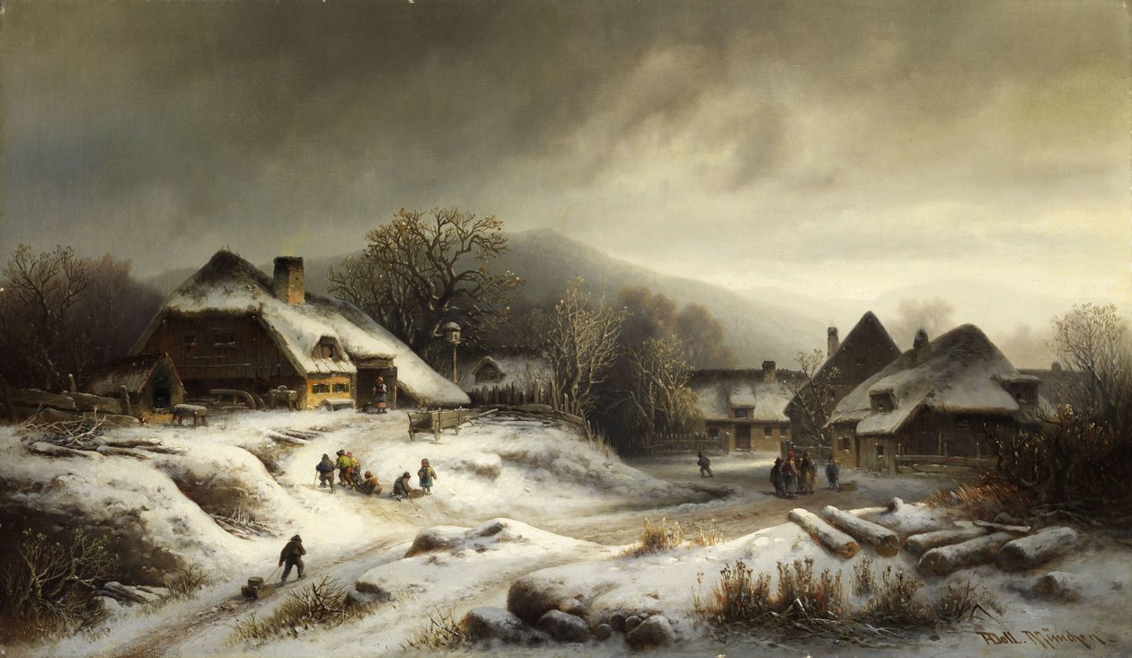 Snowy Village Landscape at Dusk by Anton Doll