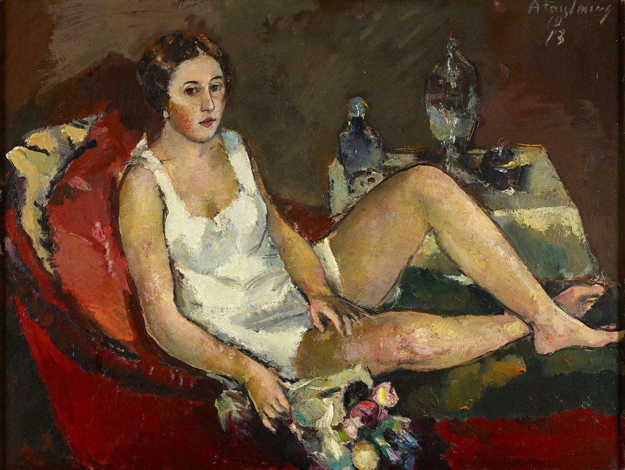 Young Woman on Red Sofa by Anton Faistauer