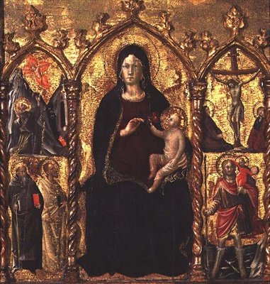 Triptych: Madonna and Child (central panel) with Saints and a scene of the Crucifixion by Arcangelo di Cola da Camerino