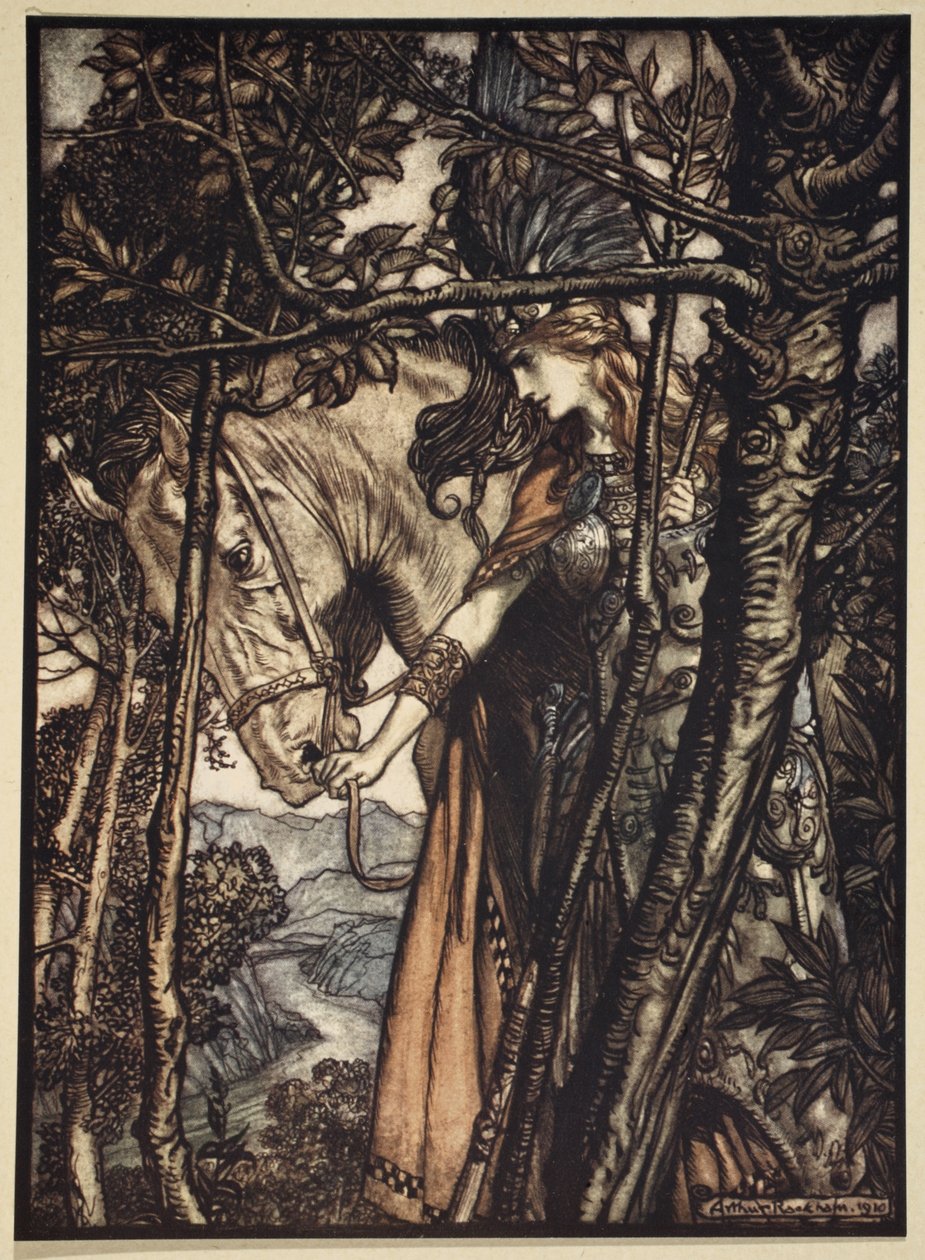 Brunnhilde Slowly and Silently Leads Her Horse Down the Path to the Cave, illustration from 