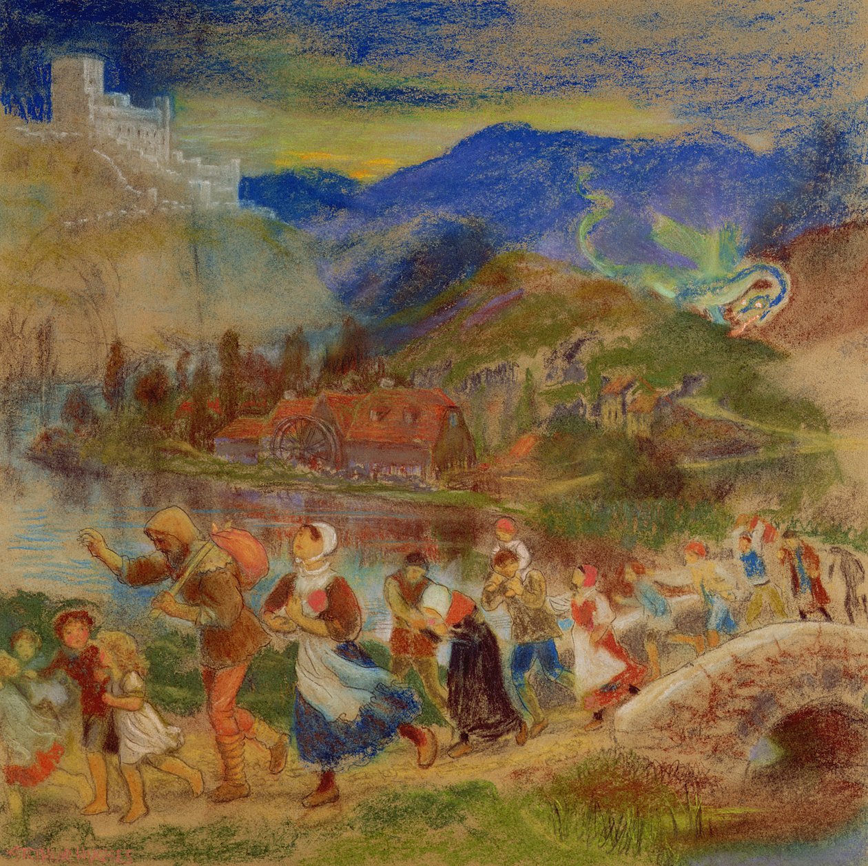 Villagers fleeing from a dragon by Arthur Hughes