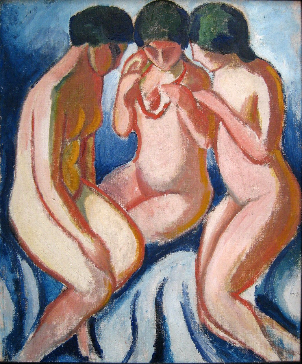 Three Nudes Against Blue Background by August Macke