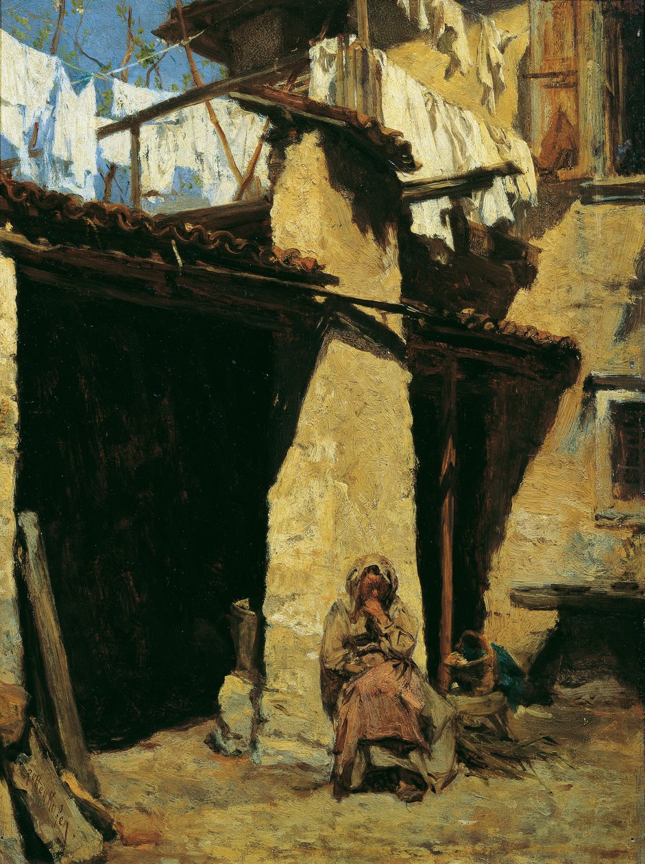 Neapolitan Farmhouse with Peasant Woman by August von Pettenkofen