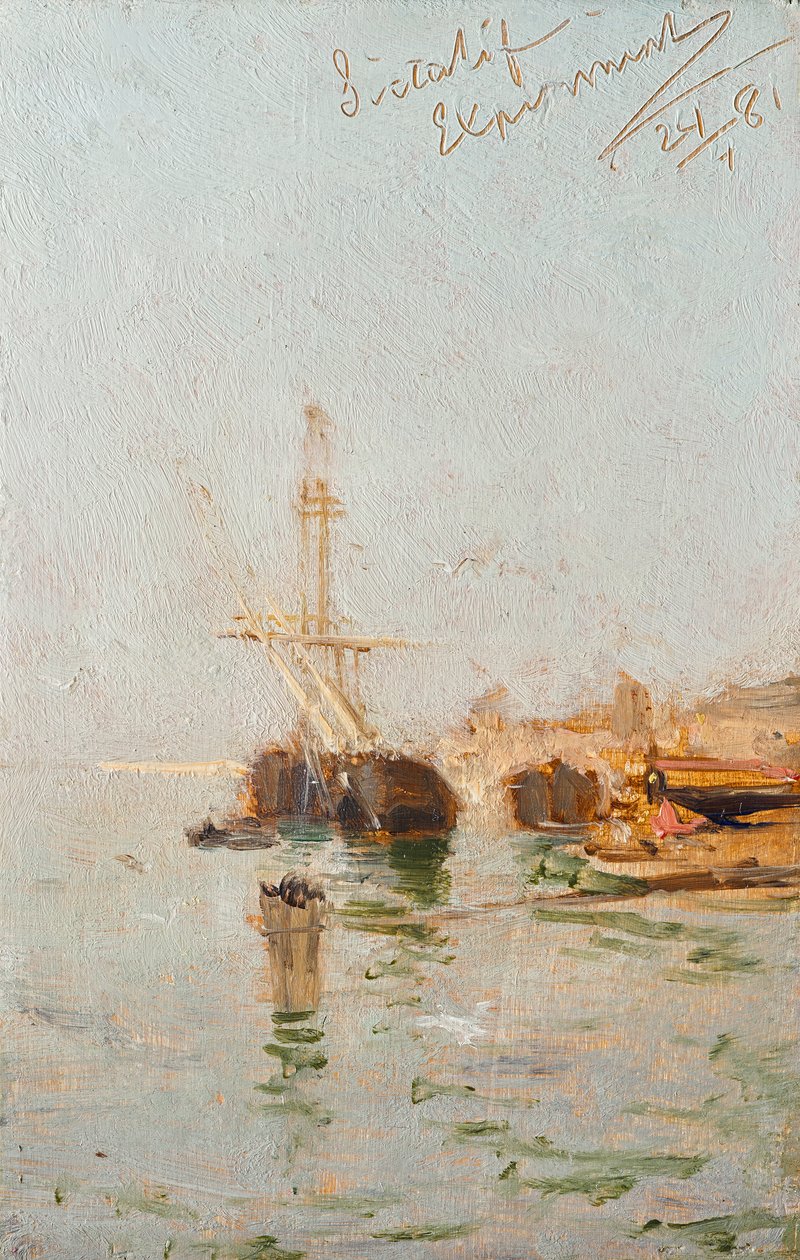 Study from Venice with Ship by August von Pettenkofen