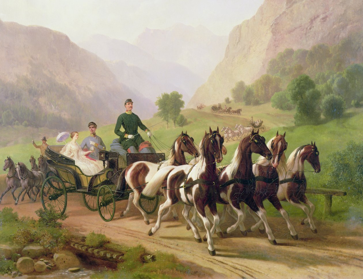 Emperor Franz Joseph I of Austria, Being Driven in His Carriage with His Wife Elizabeth of Bavaria in Bad Ischl, 1855 by Austrian School
