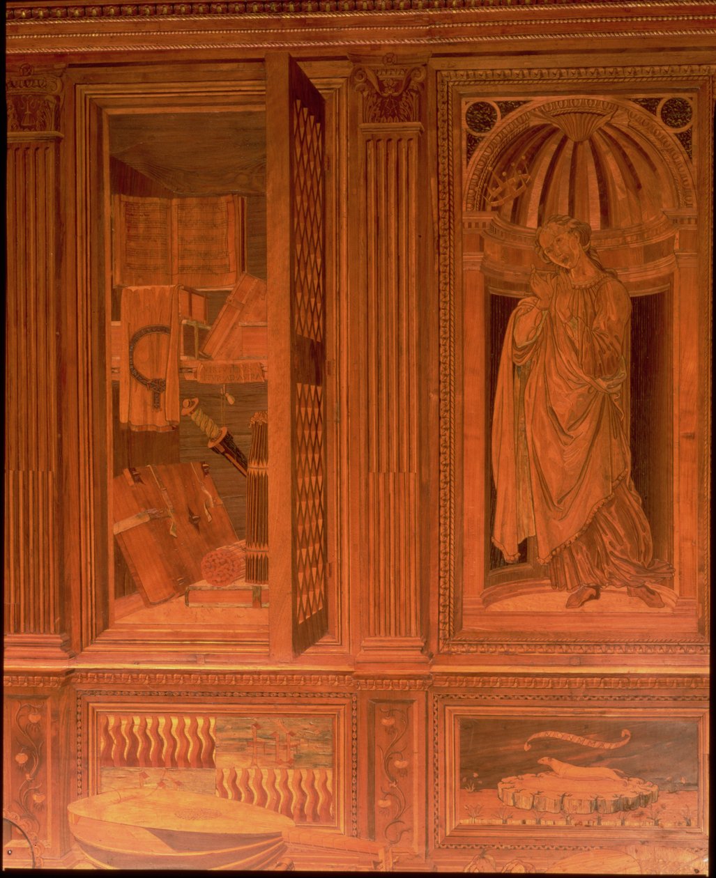 The Study of Federigo da Montefeltro, Duke of Urbino: Intarsia Panelling Depicting an Open Cupboard of Books and Hope in an Architectural Niche with Musical Instruments on a Shelf Below by Baccio Pontelli