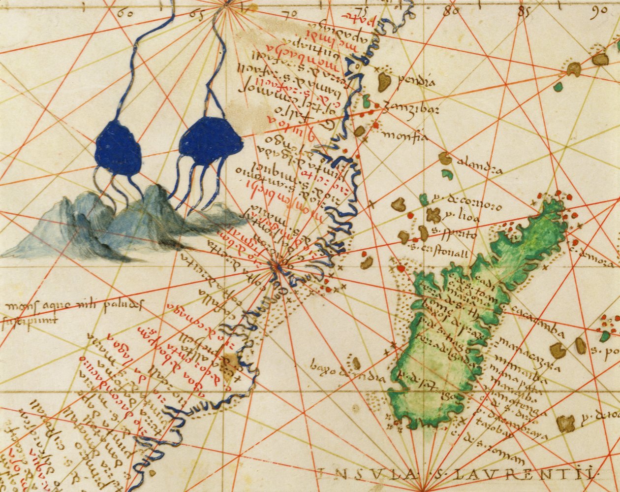 Madagascar, from an Atlas of the World in 33 Maps, Venice, 1st September 1553 (detail) by Battista Agnese