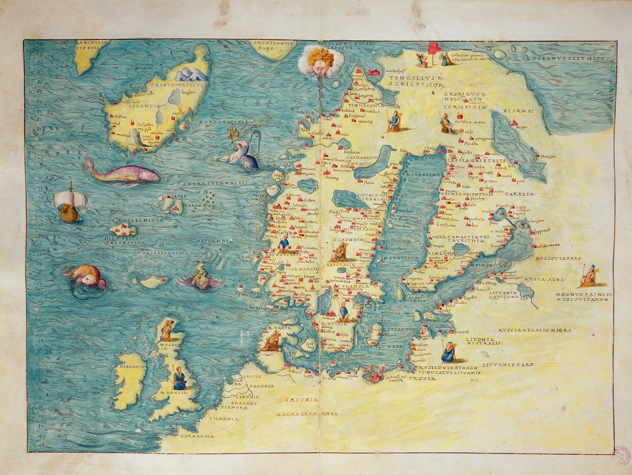 Northern Europe, from an Atlas of the World in 33 maps, Venice, 1st September 1553 (ink on vellum) by Battista Agnese