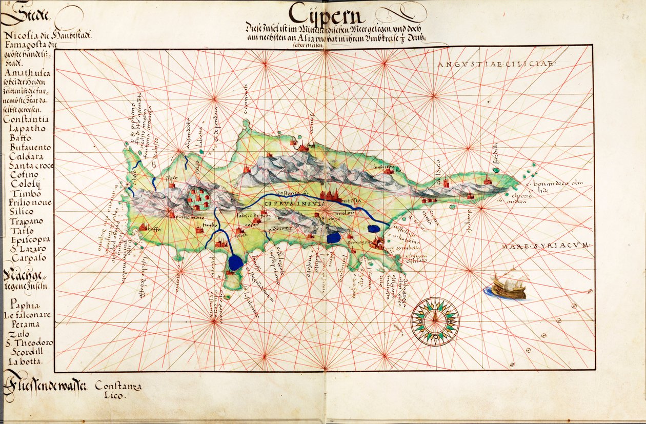 Vellum Chart of Cyprus by Battista Agnese