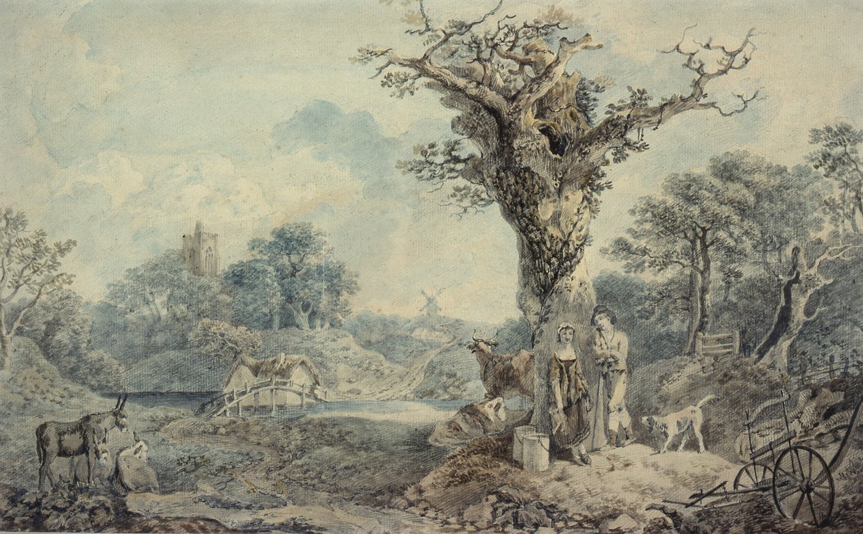 Landscape with Figures and Cattle by Benjamin attr. to Barker