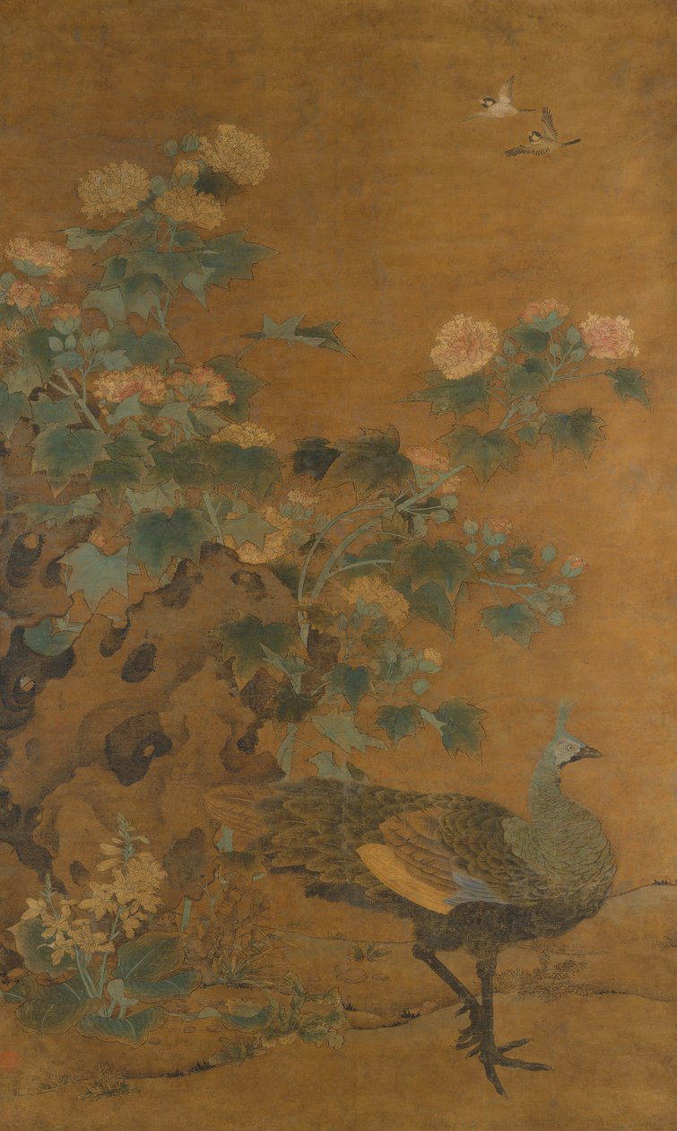 Peacock and Hollyhocks by Bian Lu