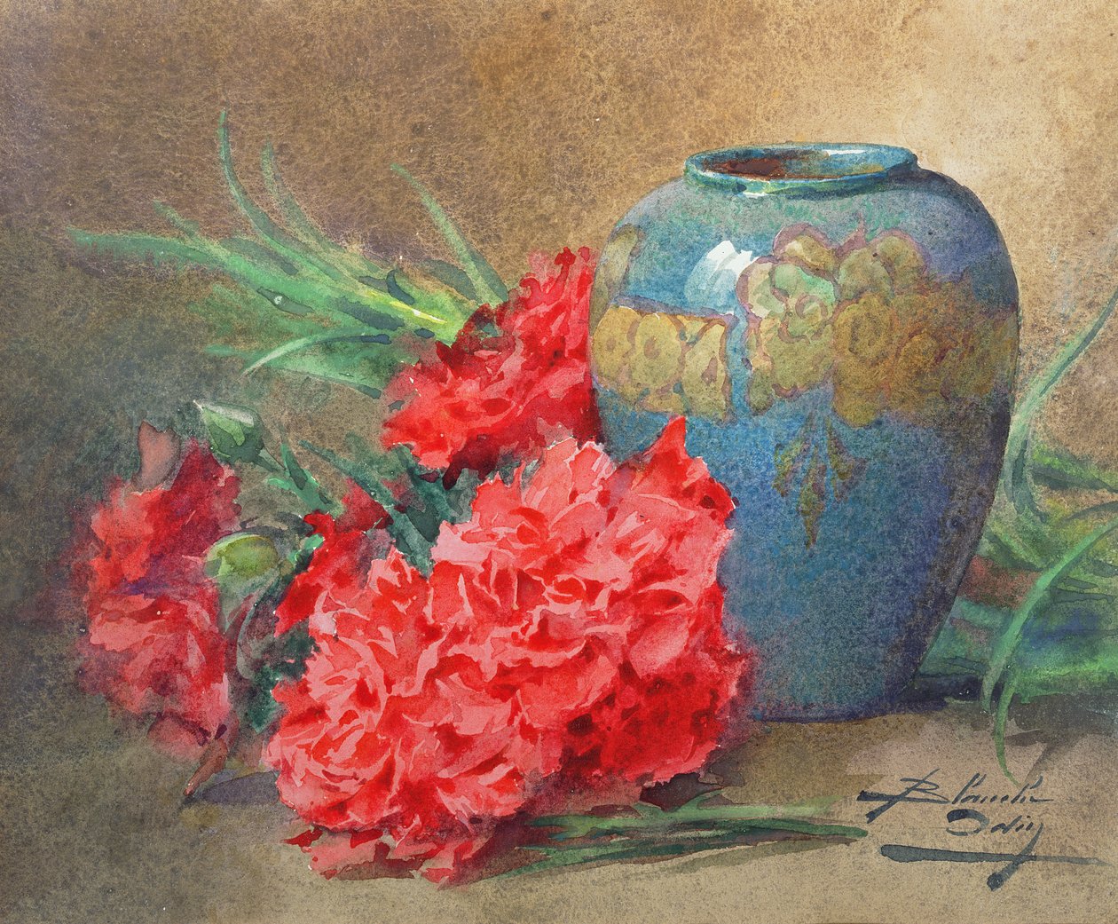 Still Life with Carnations beside a Blue Glazed Vase by Blanche Odin