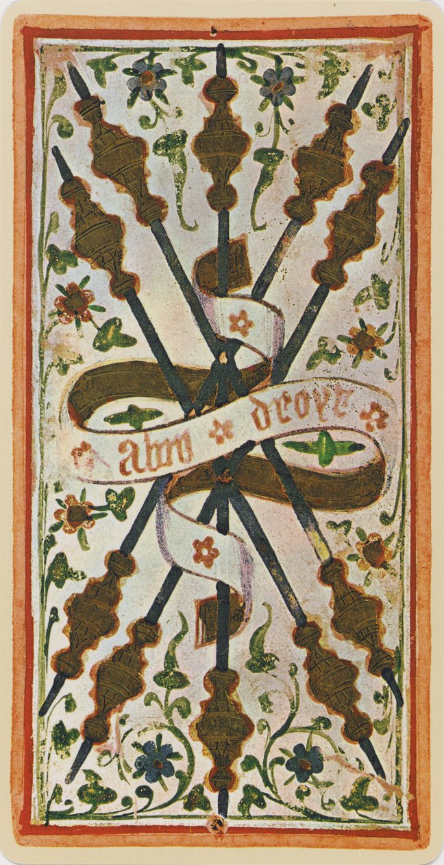 The Five of Wands, facsimile of a tarot card from the 
