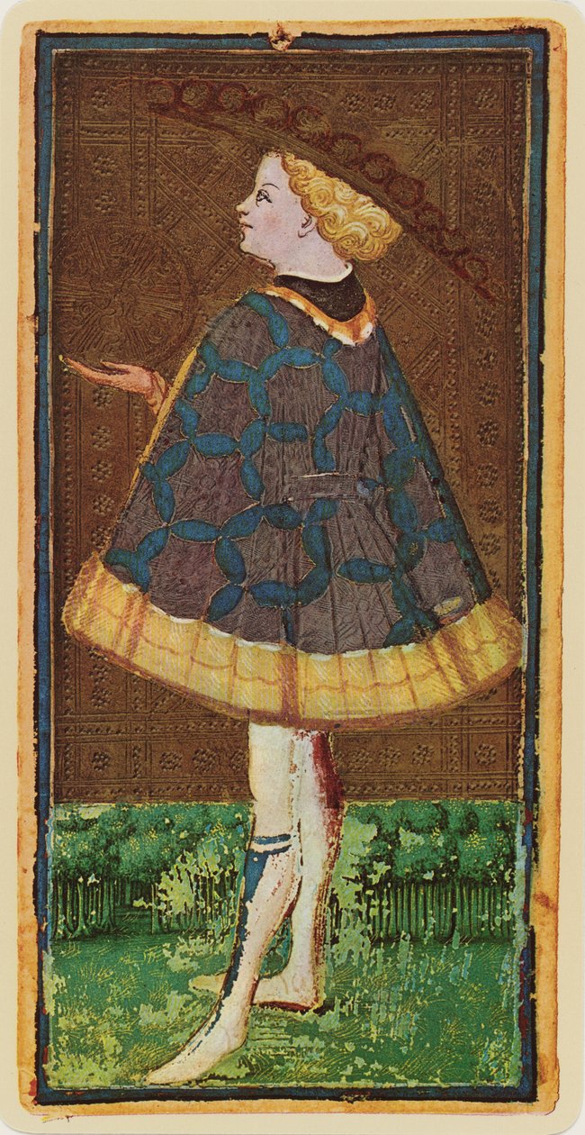 The Knave of Coins, facsimile of a tarot card from the 