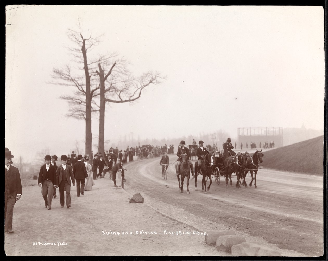 Bicyclists and Horsedrawn Carriages at the Bend on Riverside Drive, New York, 1896 by Byron Company