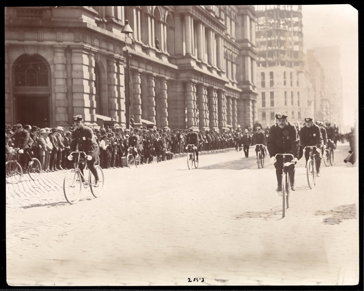 View of a group of military cyclists by Byron Company