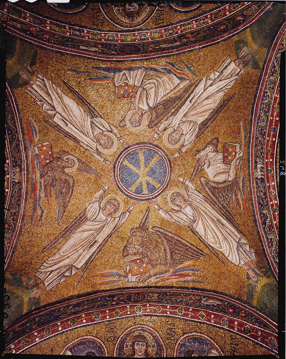 Four angels with the symbols of the evangelists surrounding the chi-rho monogram of Christ, from the vault of the Chapel of the Archdiocese by Byzantine School