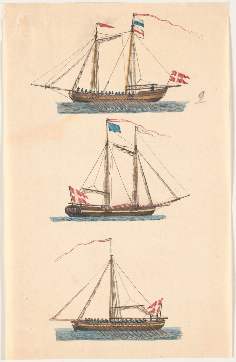 Three Warships with Danish Flags. Rowing by C.A. Lorentzen