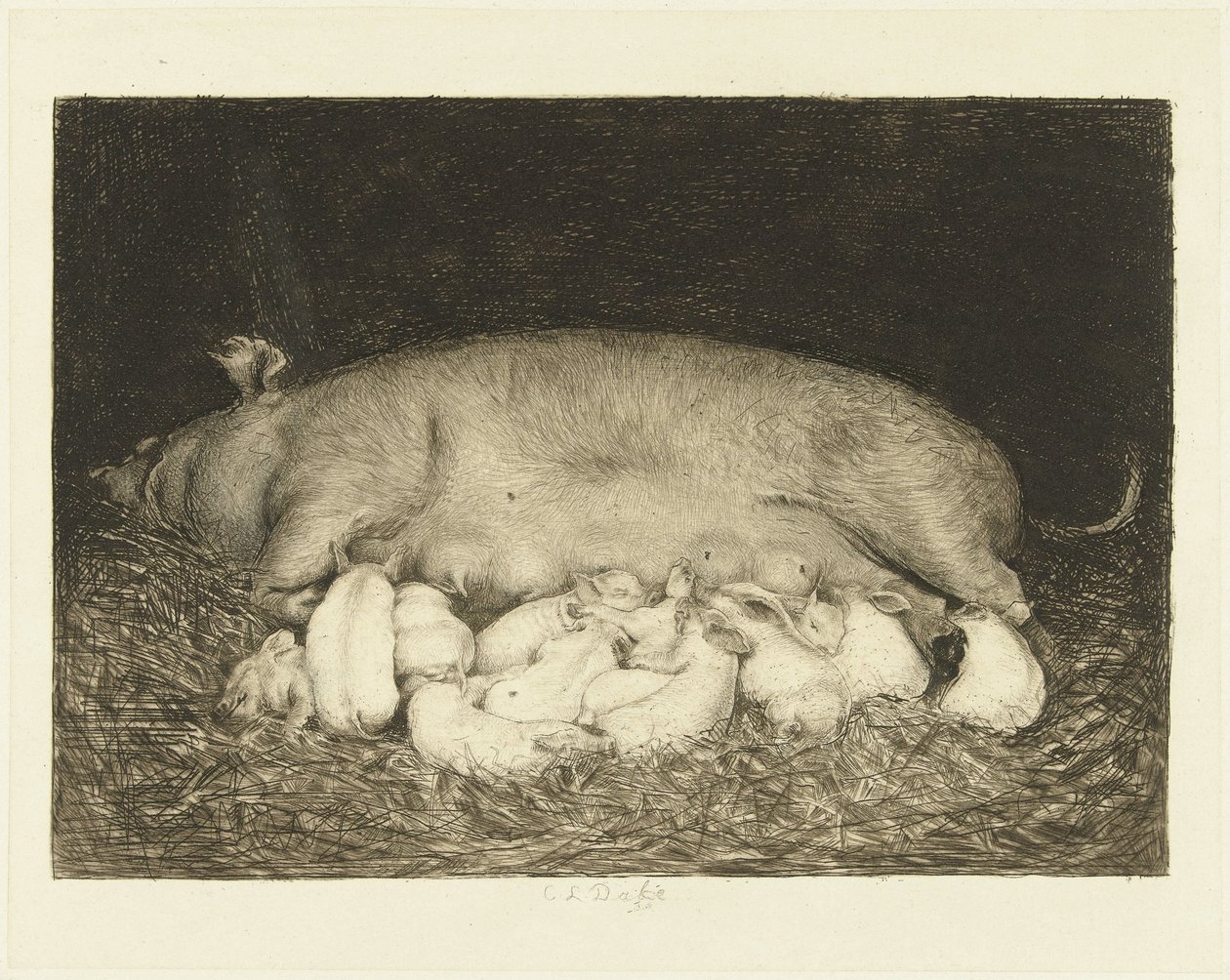 Sow with Piglets Lying in a Stable by Carel Lodewijk Dake