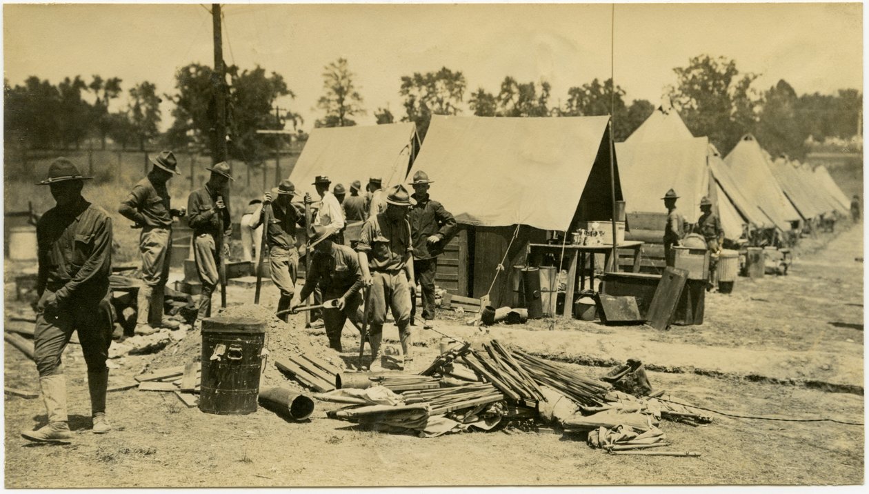 Soldiers Working with Shovels in an Area at the End of a Row of Tents by Carl Michel