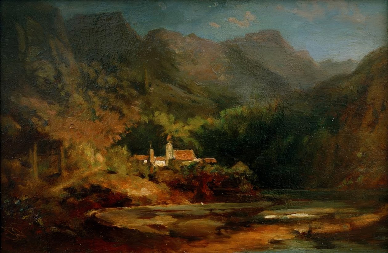 Village by a Lake in a Mountain Valley by Carl Spitzweg