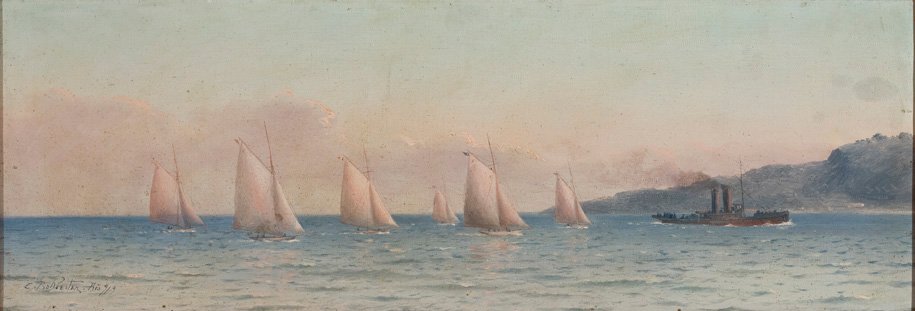 Seascape with Sailing Competition and a Towboat by Carlos Balliester