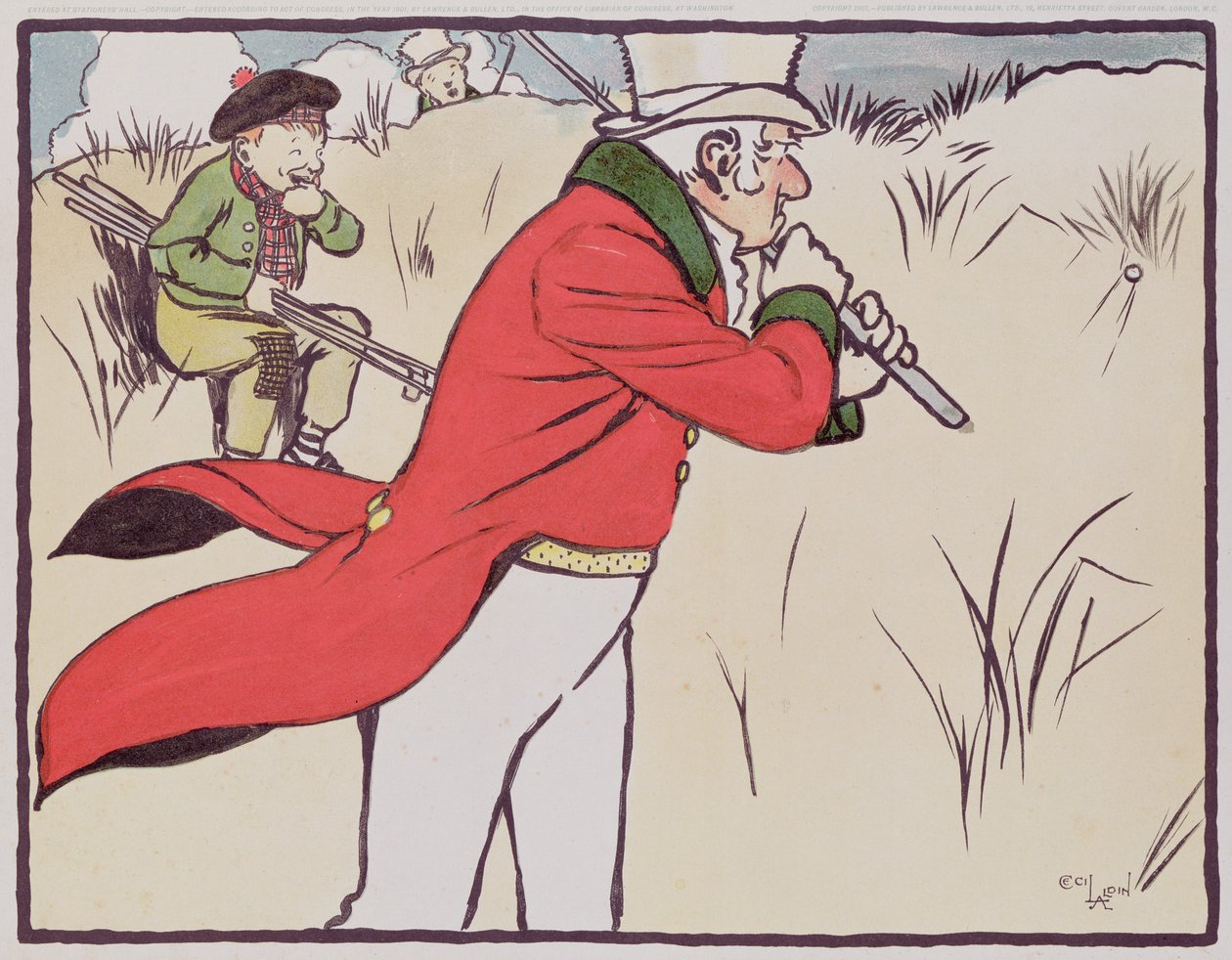 Angry Golfer Driving His Ball into the Scrub While His Caddy Tries to Stop Himself from Laughing, 1901 by Cecil Charles Windsor Aldin
