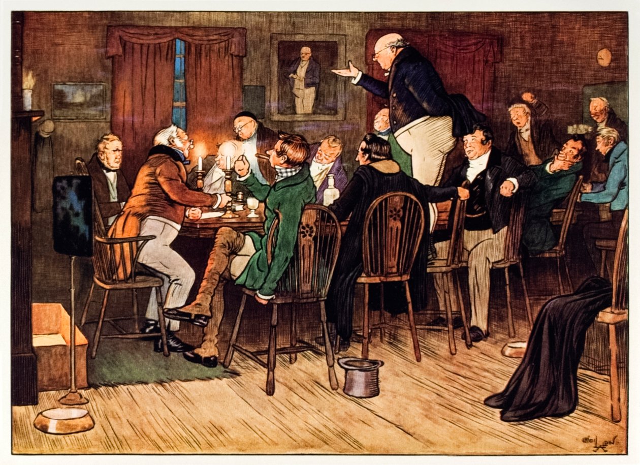 Frontispiece Showing The Pickwick Club from The Posthumous Papers of the Pickwick Club by Charles Dickens by Cecil Charles Windsor Aldin