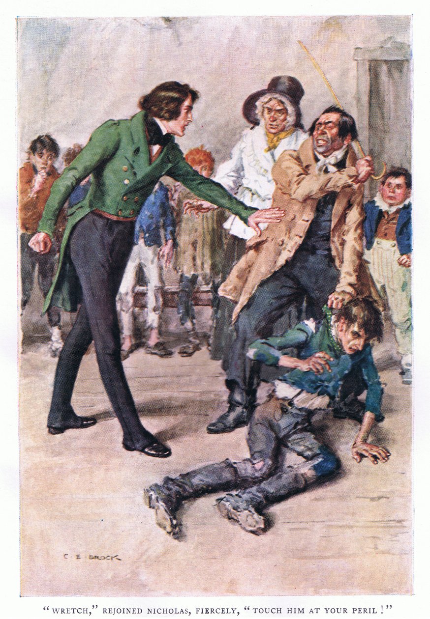 Wretch, rejoined Nicholas fiercely, touch him again at your peril! by Charles Edmund Brock