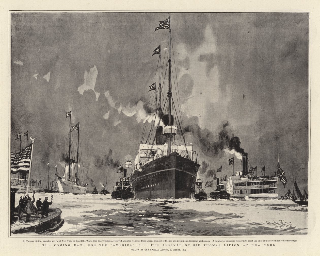 The Coming Race for the America Cup, the Arrival of Sir Thomas Lipton at New York by Charles Edward Dixon