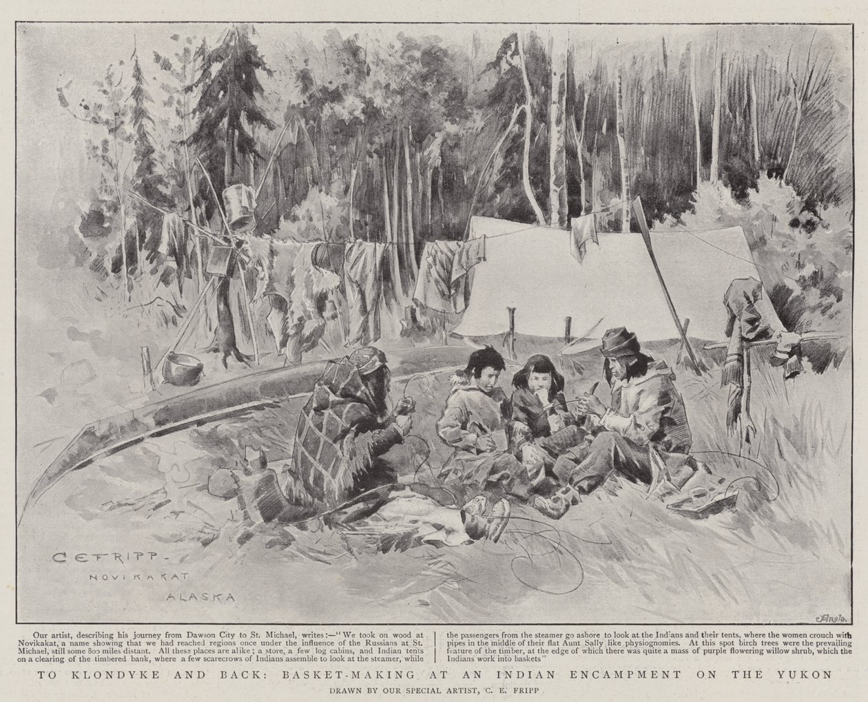 To Klondyke and Back, Basket-Making at an Indian Encampment on the Yukon by Charles Edwin Fripp