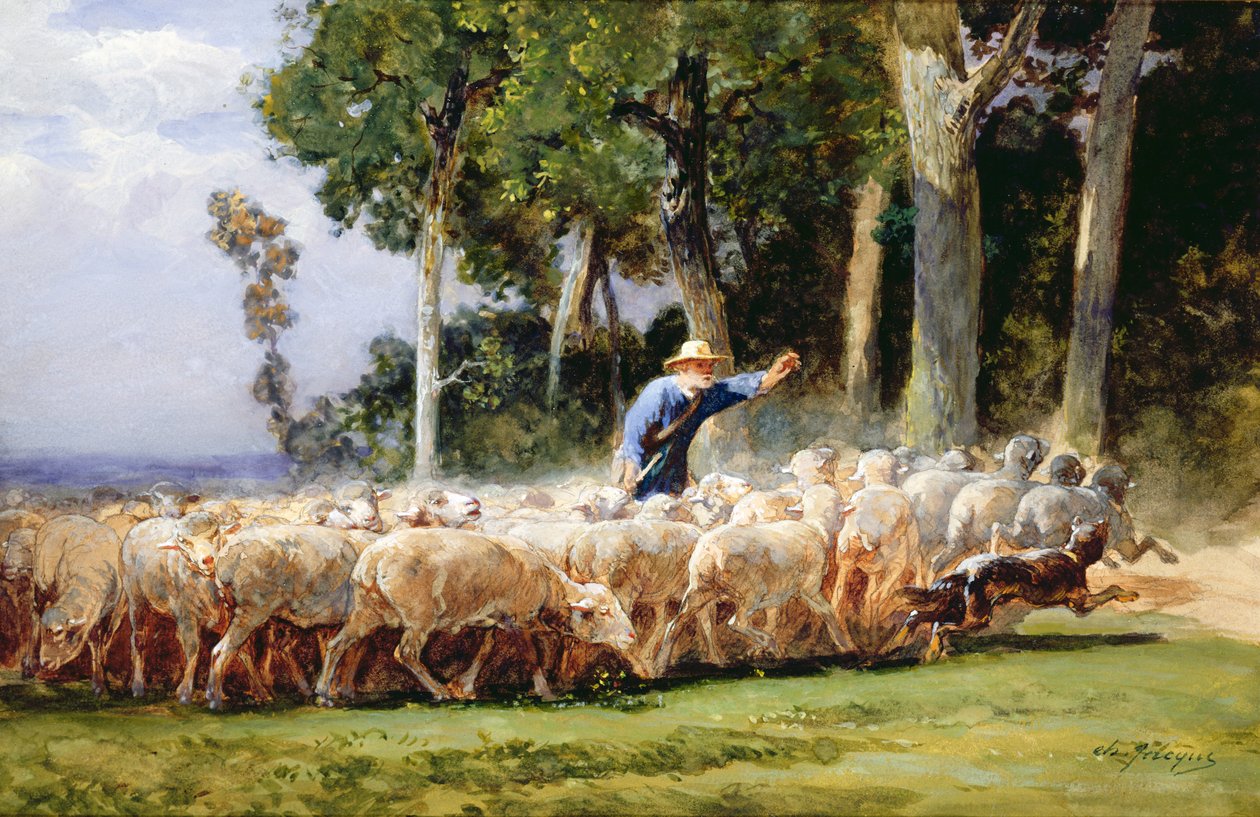 A Shepherd with a Flock of Sheep by Charles Emile Jacques