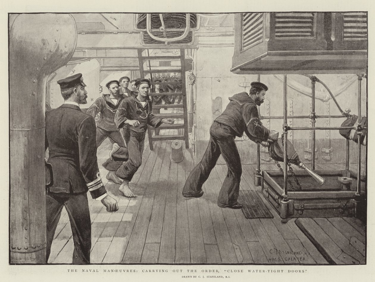 The Naval Manoeuvres, carrying out the Order, Close Water-Tight Doors by Charles J. Staniland