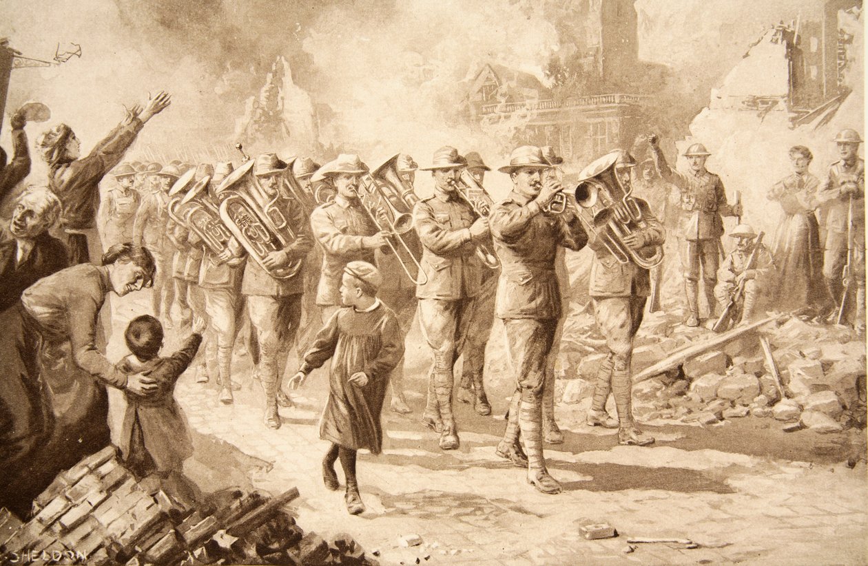 The Music of Triumph: Victorious Australians entering Bapaume, 17th March 1917 by Charles Mills Sheldon