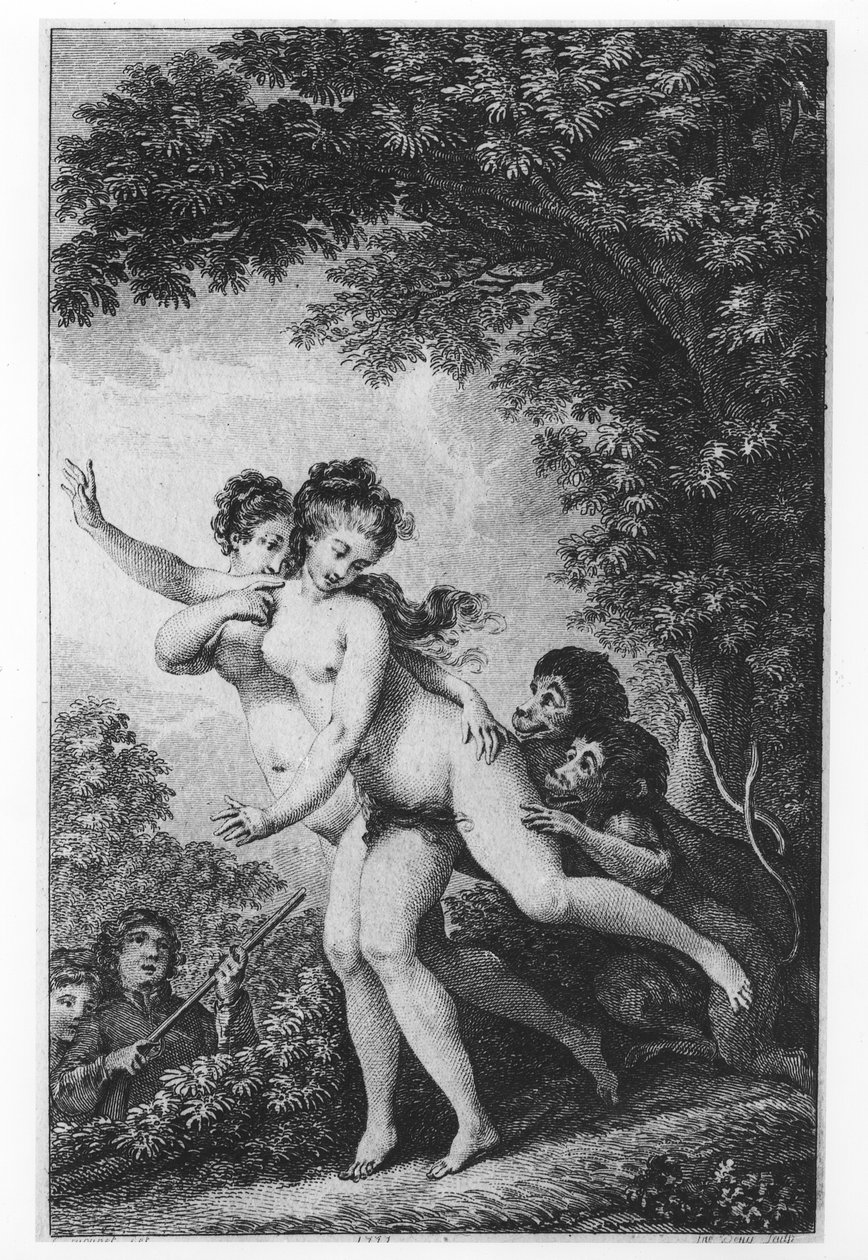 The Cries Proceeded from Two Young Women Who Were Tripping Disrobed Among the Mead, While Two Monkeys Followed Close at Their Heels Biting at Their Limbs, Illustration from Chapter 16 of 